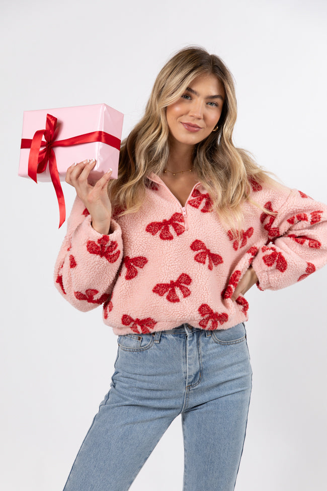 What Fun It Is Pink Bow Print Sherpa Pullover