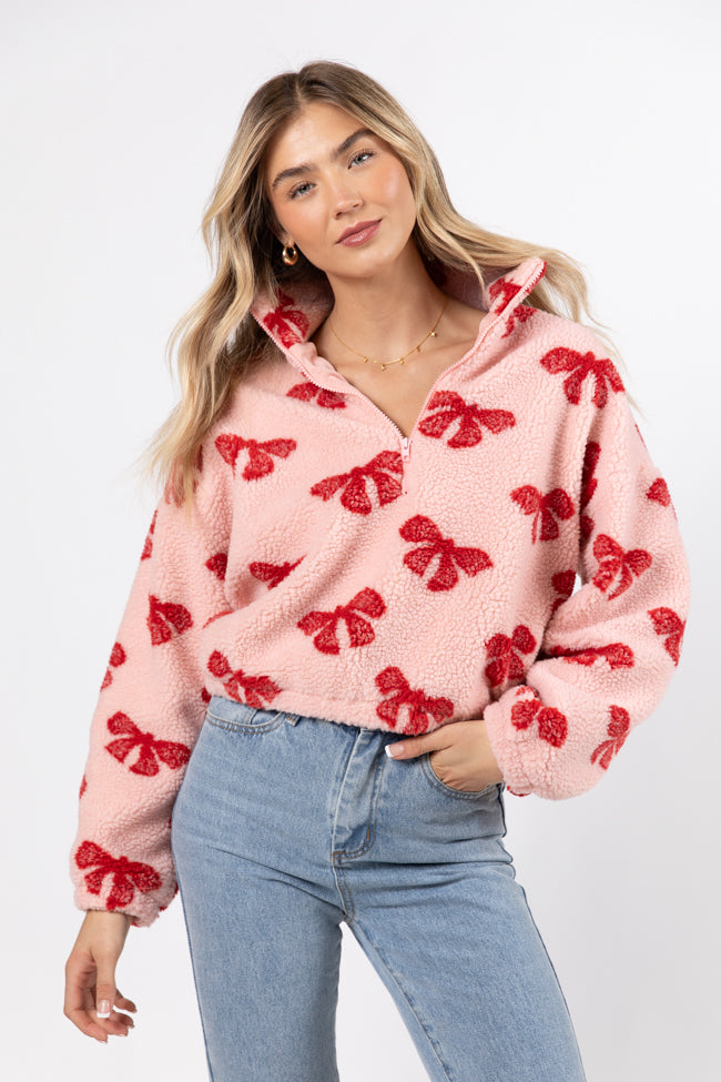 What Fun It Is Pink Bow Print Sherpa Pullover