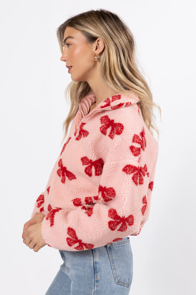 What Fun It Is Pink Bow Print Sherpa Pullover