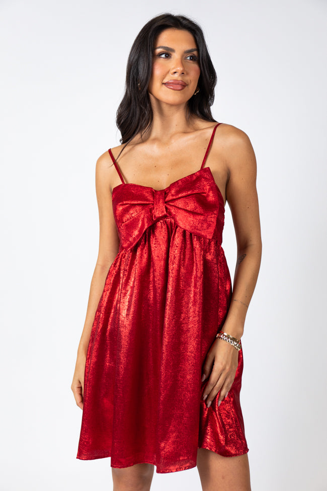 Tinsel and Tidings Light Red Bow Detail Mini Dress