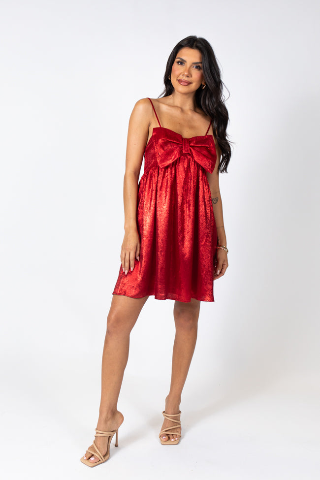 Tinsel and Tidings Light Red Bow Detail Mini Dress