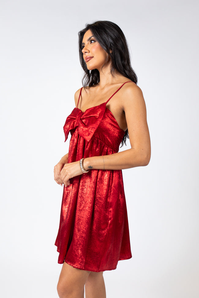 Tinsel and Tidings Light Red Bow Detail Mini Dress