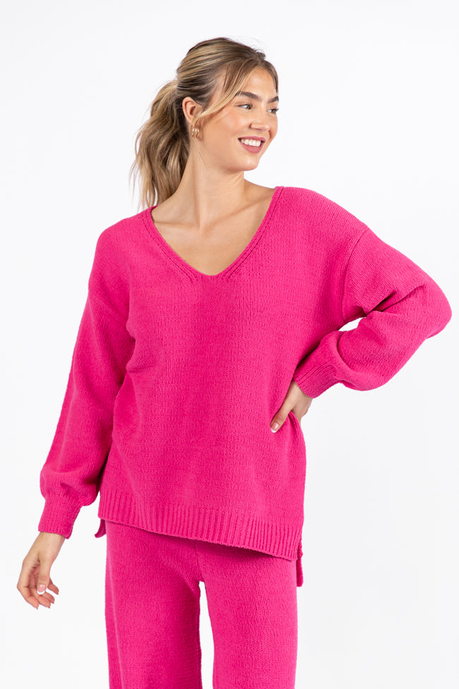 Cozy For Keeps Hot Pink V-Neck Sweater DOORBUSTER