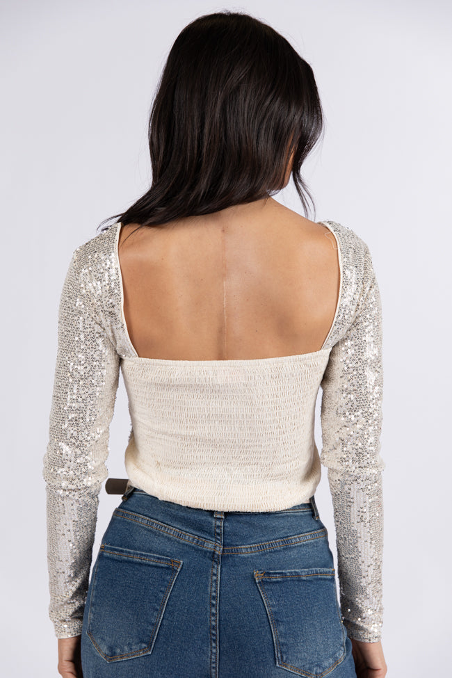 Tidings To You Champagne Smocked Back Sequin Top