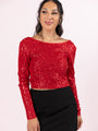 Tidings To You Red Smocked Back Sequin Top