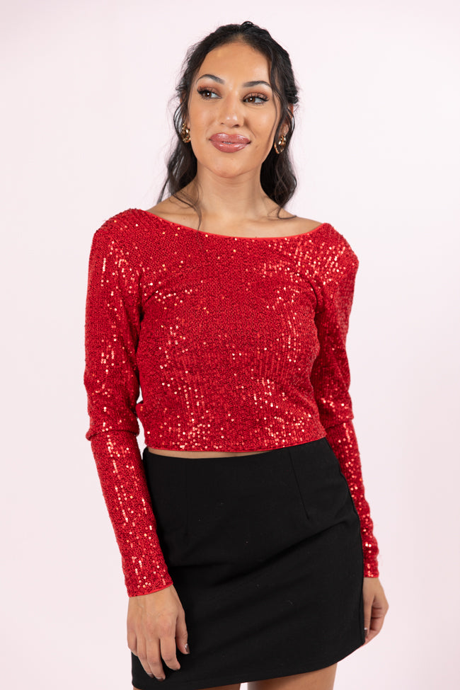 Tidings To You Red Smocked Back Sequin Top