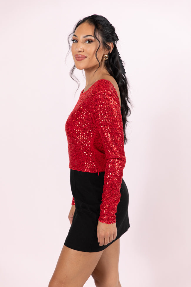 Tidings To You Red Smocked Back Sequin Top