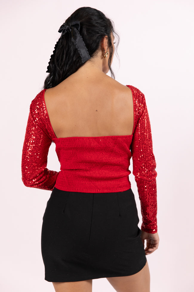 Tidings To You Red Smocked Back Sequin Top