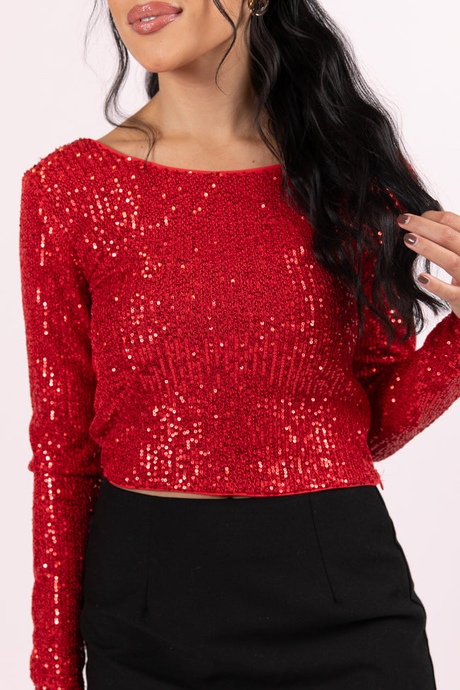 Tidings To You Red Smocked Back Sequin Top