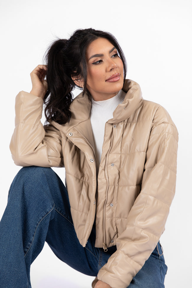 Things Take Time Khaki Faux Leather Puffer Jacket DOORBUSTER- Coming Soon