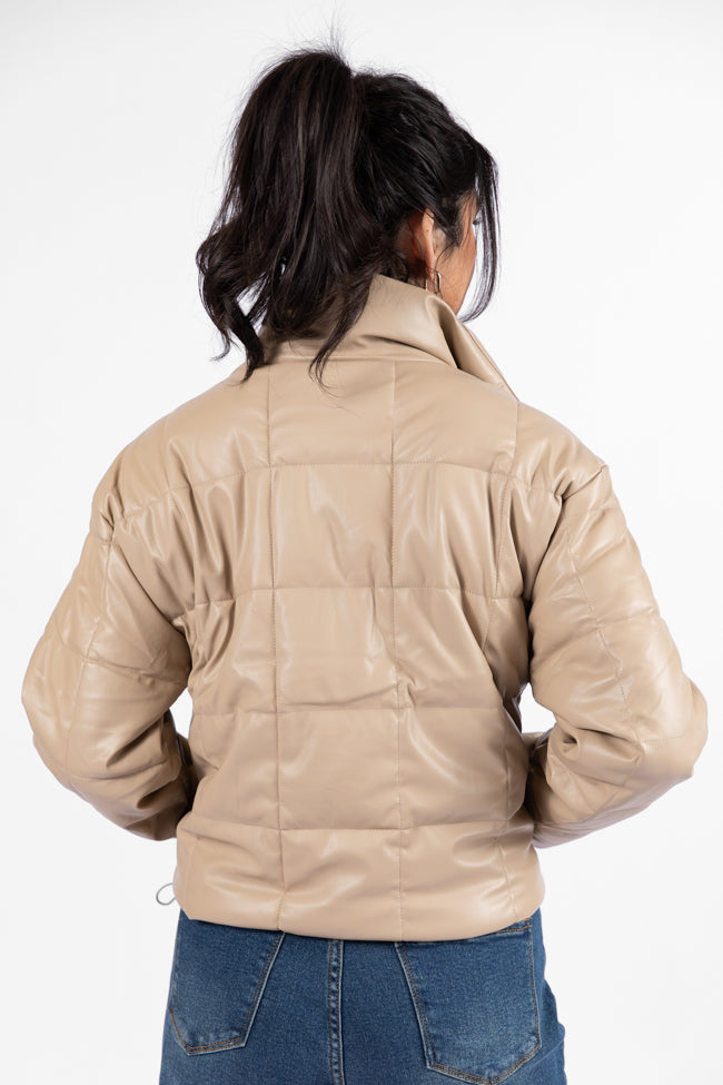 Things Take Time Khaki Faux Leather Puffer Jacket DOORBUSTER- Coming Soon