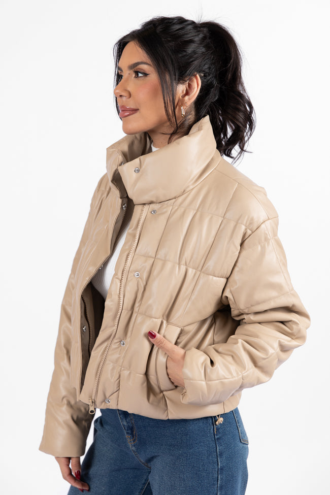 Things Take Time Khaki Faux Leather Puffer Jacket DOORBUSTER- Coming Soon