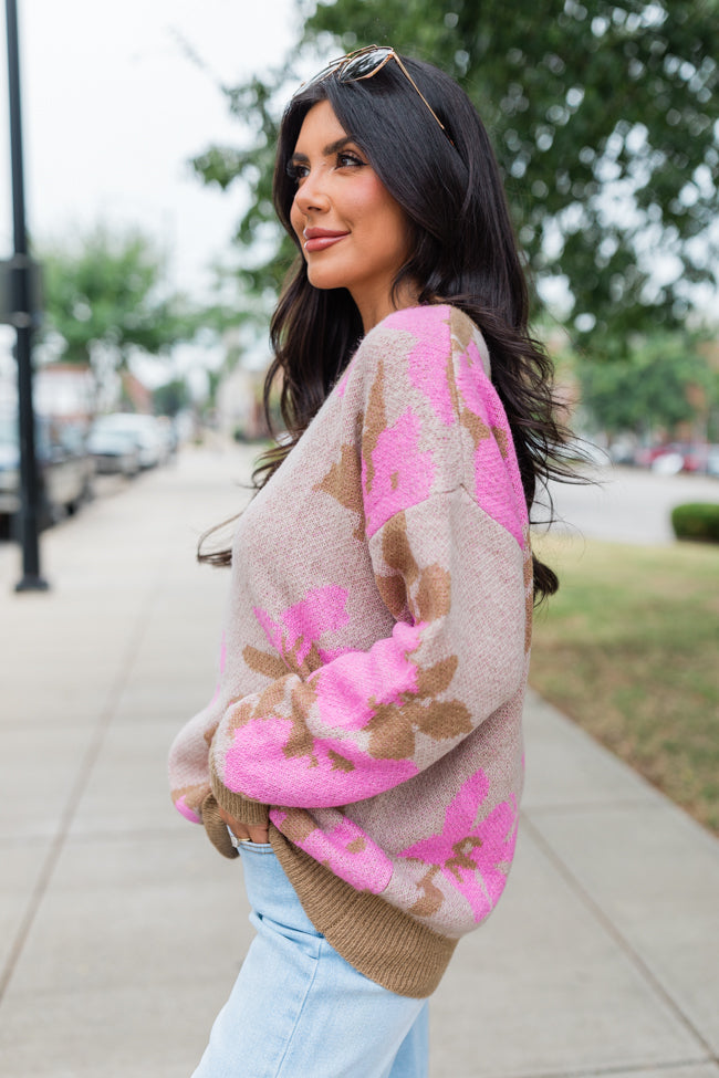 All I Need Brown and Pink Floral Print Sweater