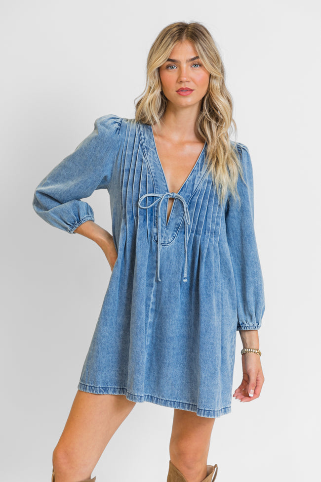 Denim Darling Long Sleeve Tie Front Dress