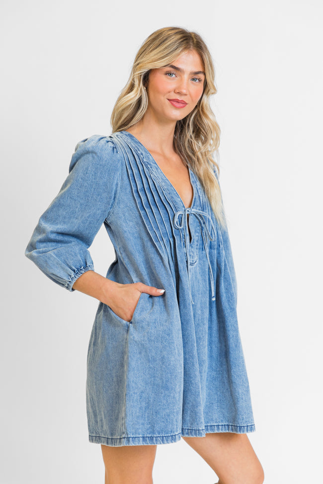 Denim Darling Long Sleeve Tie Front Dress