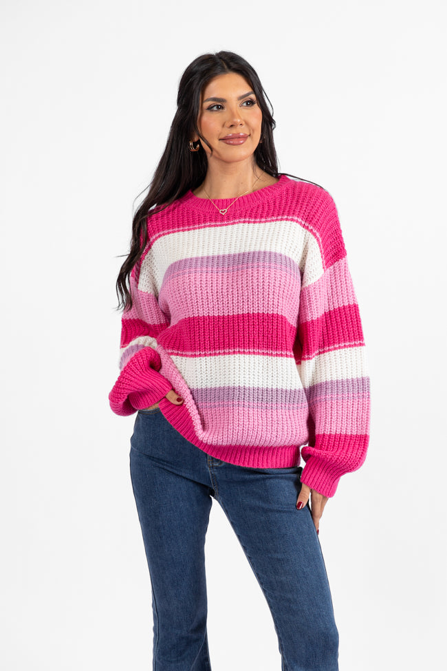 Everything Nice Pink Multi Striped Crew Neck Sweater DOORBUSTER