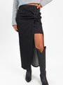 Unexpected Turn Black Denim Twist Front Midi Skirt