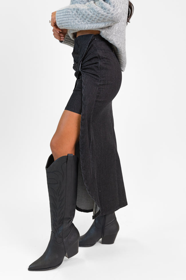 Unexpected Turn Black Denim Twist Front Midi Skirt