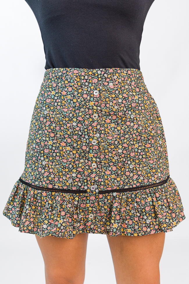 What's The Tea Black Button Front Floral Mini Skort