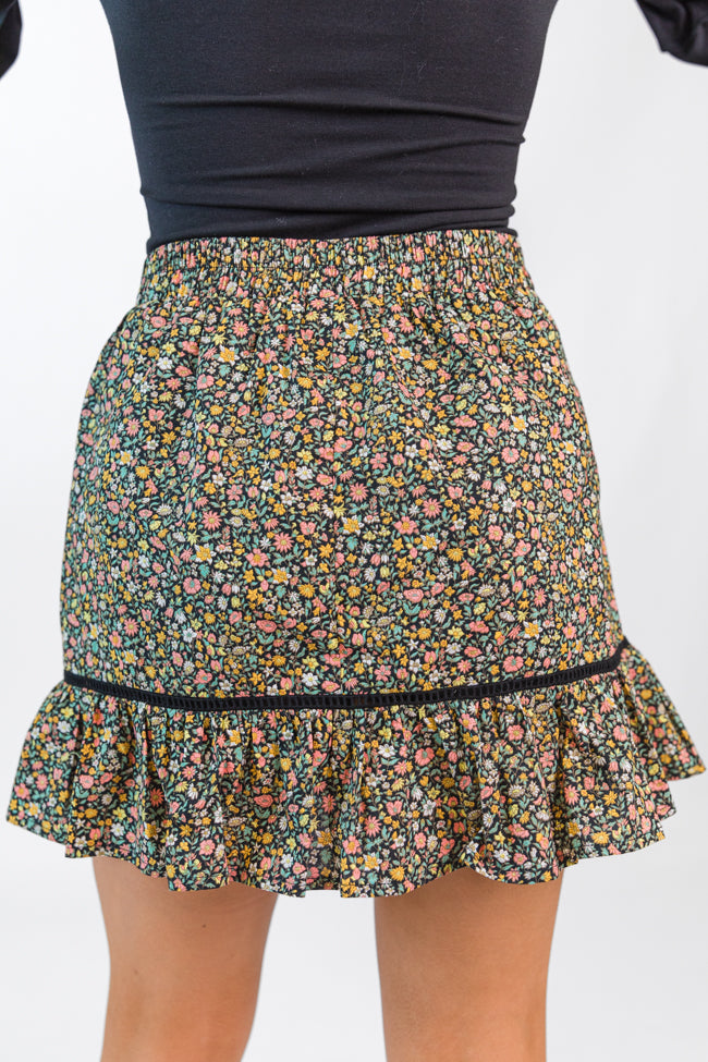 What's The Tea Black Button Front Floral Mini Skort