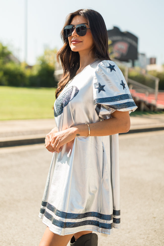 Queen Of Gameday Silver Sequin Football Dress