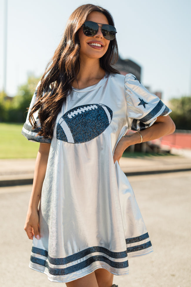 Queen Of Gameday Silver Sequin Football Dress