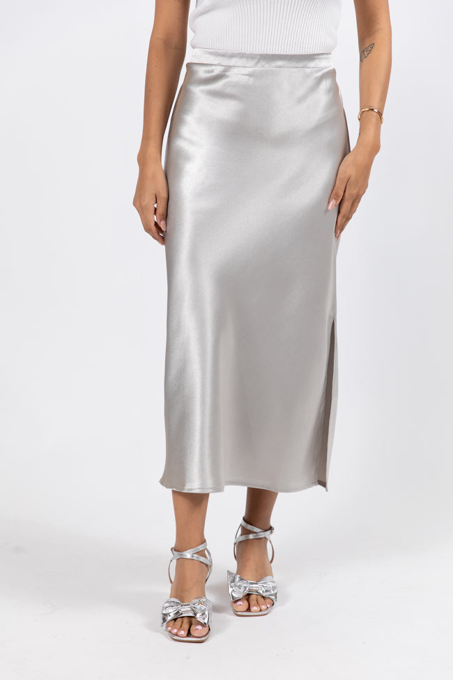 Love On The Brain Silver Satin Midi Skirt