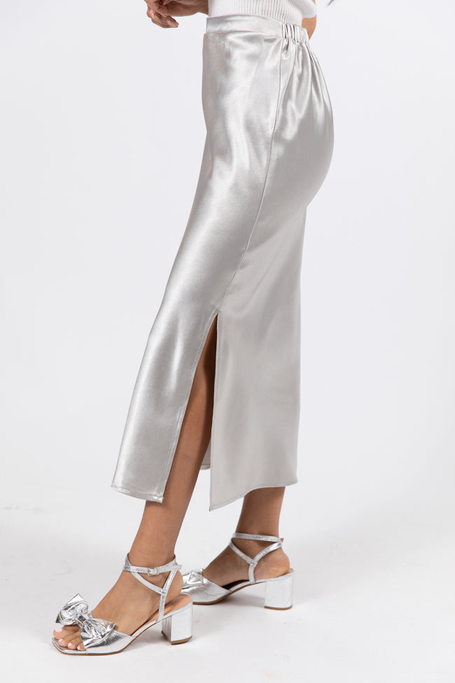 Love On The Brain Silver Satin Midi Skirt