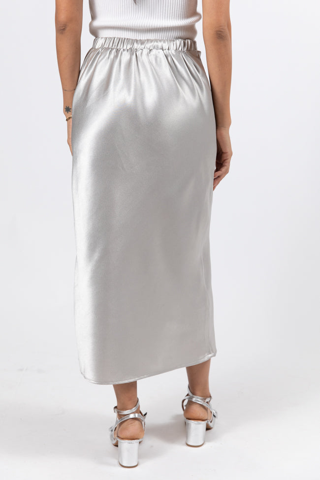 Love On The Brain Silver Satin Midi Skirt