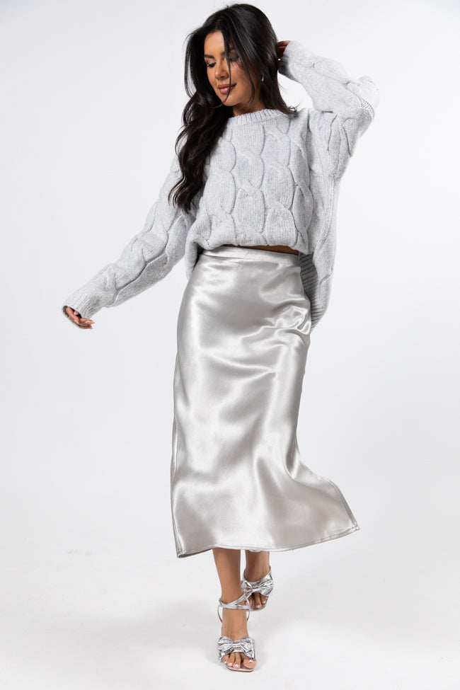 Love On The Brain Silver Satin Midi Skirt