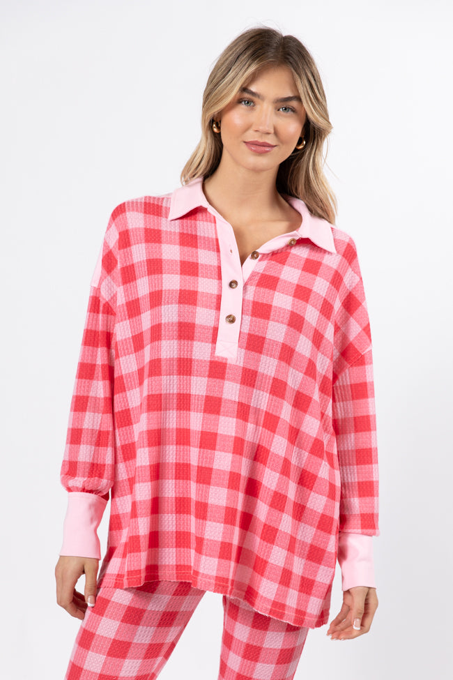 Outshine The Rest Thermal Pink & Red Plaid Lounge Pullover