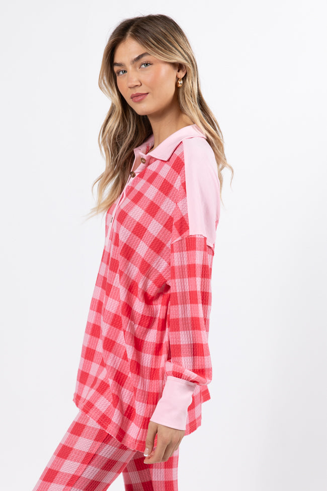 Outshine The Rest Thermal Pink & Red Plaid Lounge Pullover