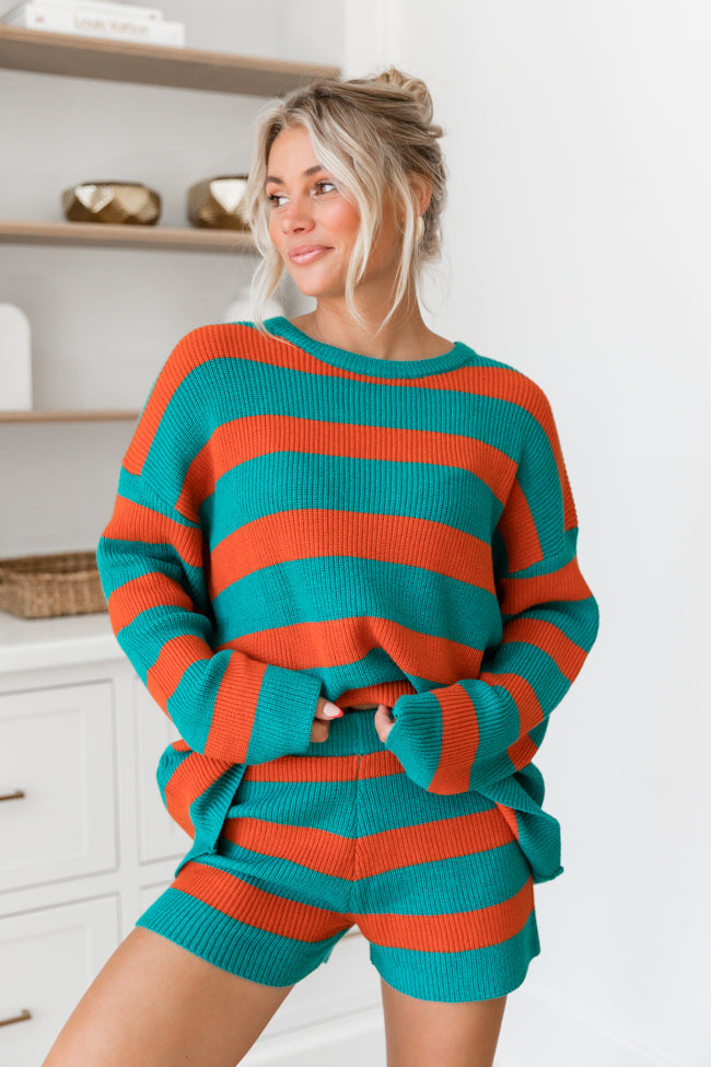 Sign Of The Times Teal And Rust Striped Sweater Set