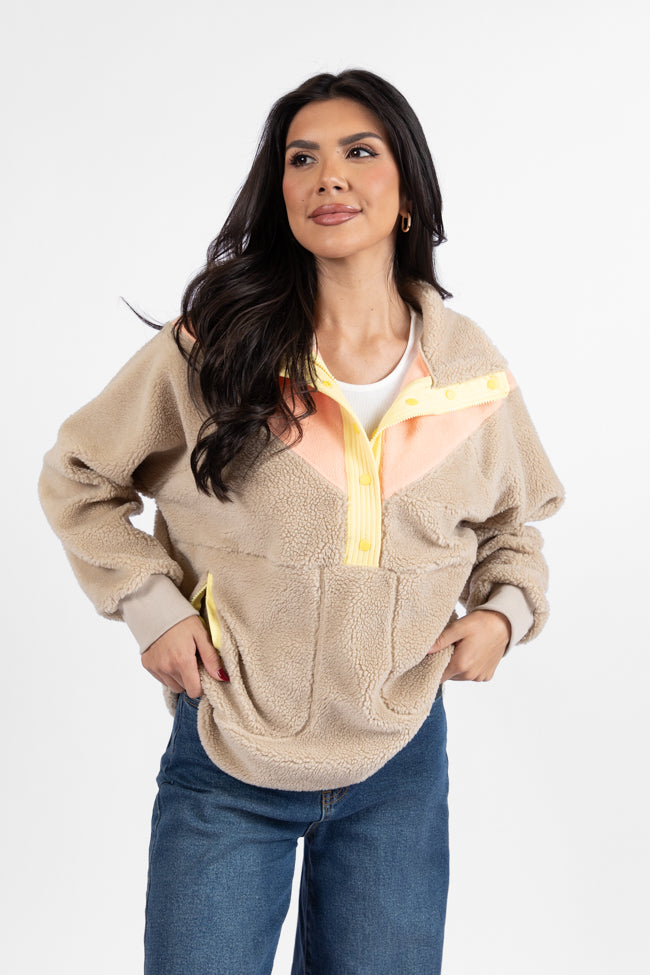 Good Feelings Beige Multi Colorblock Sherpa Pullover DOORBUSTER