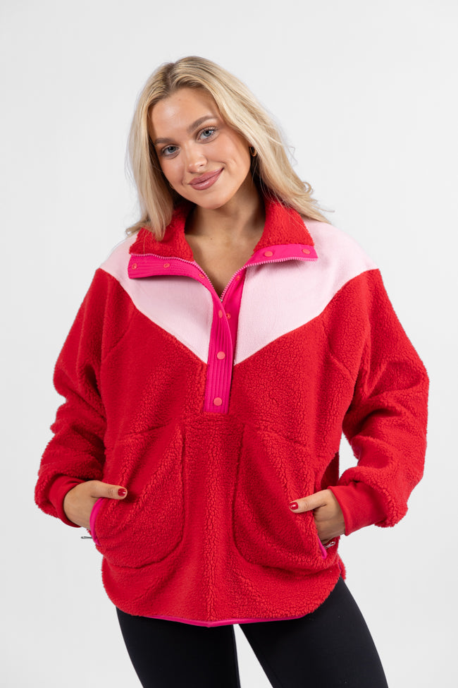 Good Feelings Red Multi Colorblock Sherpa Pullover DOORBUSTER