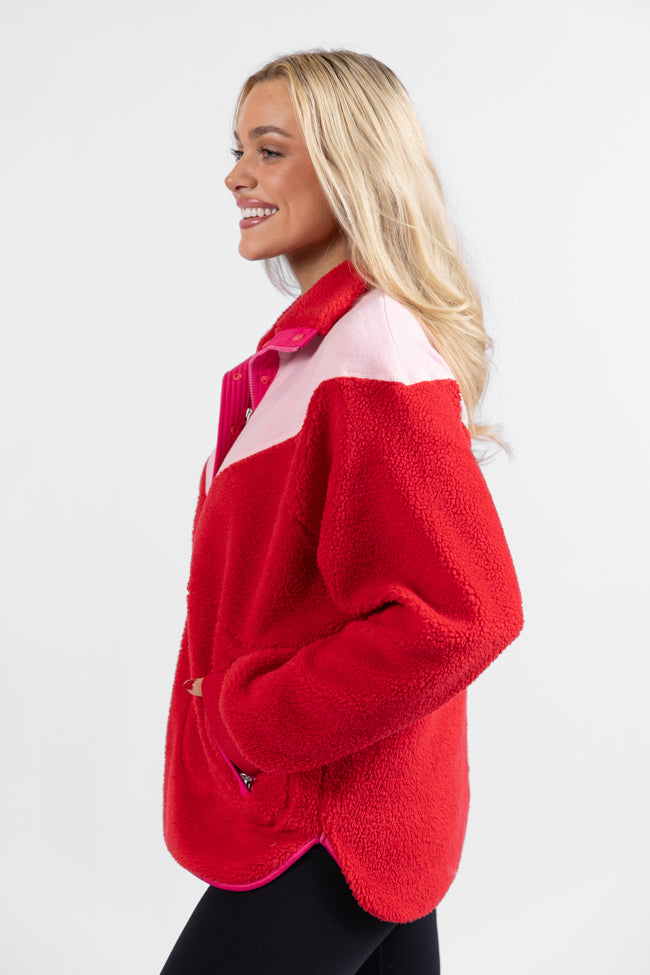 Good Feelings Red Multi Colorblock Sherpa Pullover DOORBUSTER