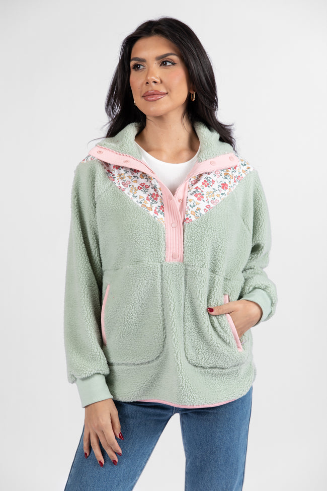 Good Feelings Sage Floral Multi Colorblock Sherpa Pullover DOORBUSTER