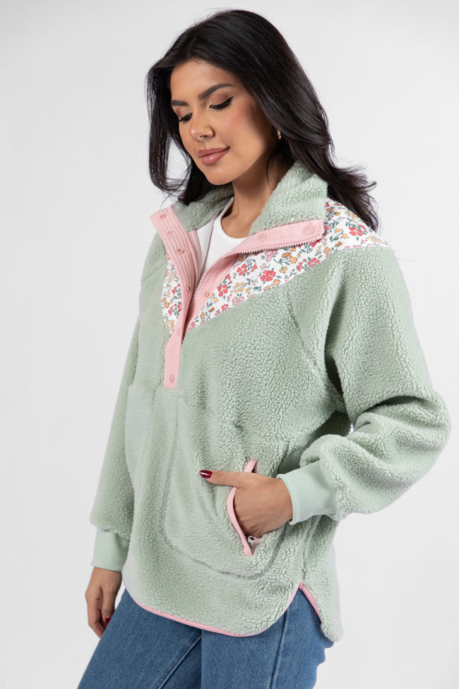 Good Feelings Sage Floral Multi Colorblock Sherpa Pullover DOORBUSTER