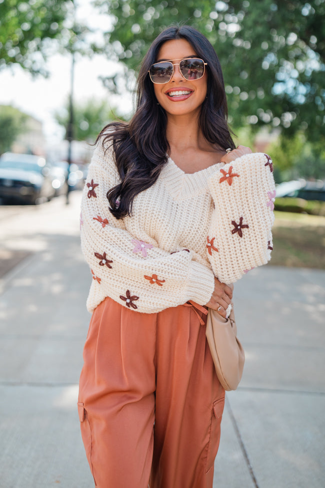 Join You Later Oatmeal Floral Sleeve Applique Sweater