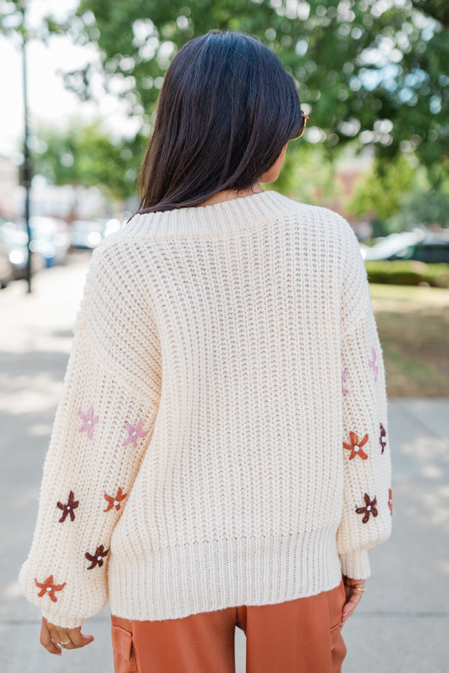 Join You Later Oatmeal Floral Sleeve Applique Sweater