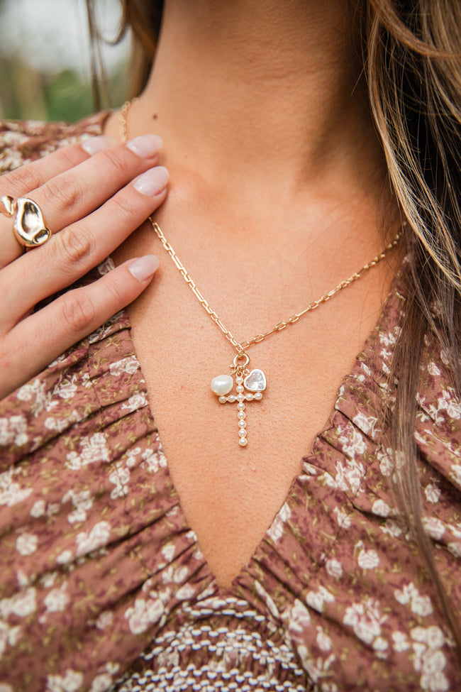 Pearl Studded Cross Charm Necklace