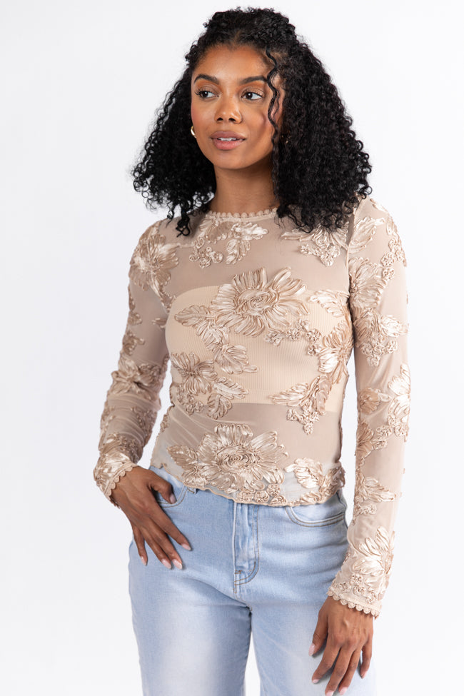 My Two Cents Champagne Floral Applique Mesh Top