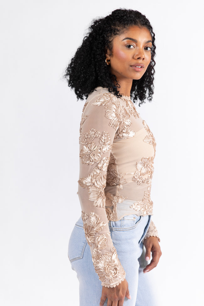 My Two Cents Champagne Floral Applique Mesh Top