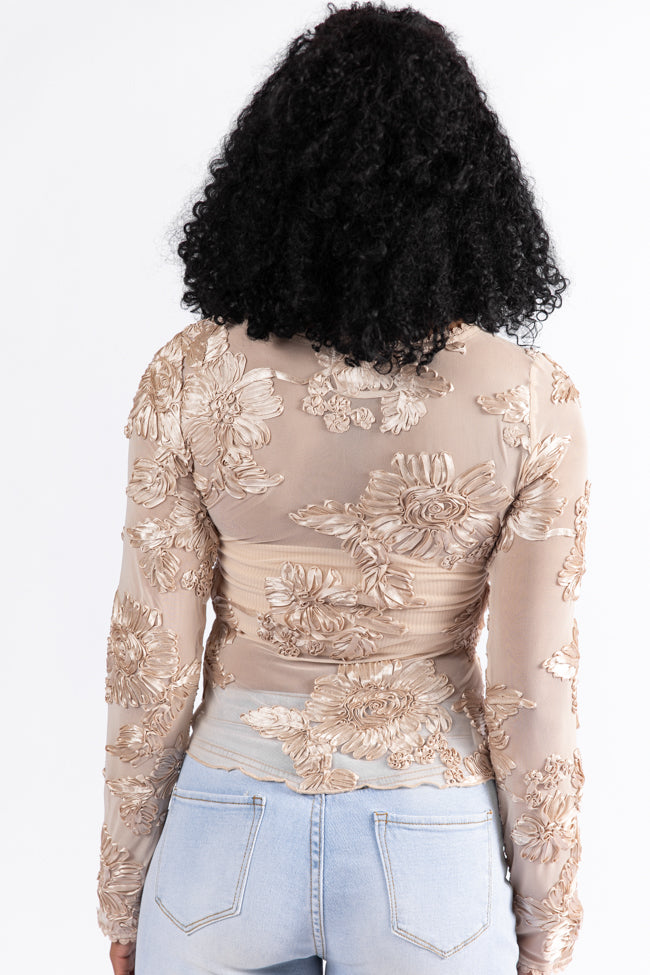 My Two Cents Champagne Floral Applique Mesh Top