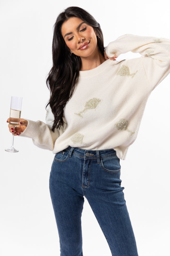 Pop The Bubbly Glitter Wine Glass Embroidered Cream Sweater - Coming Soon