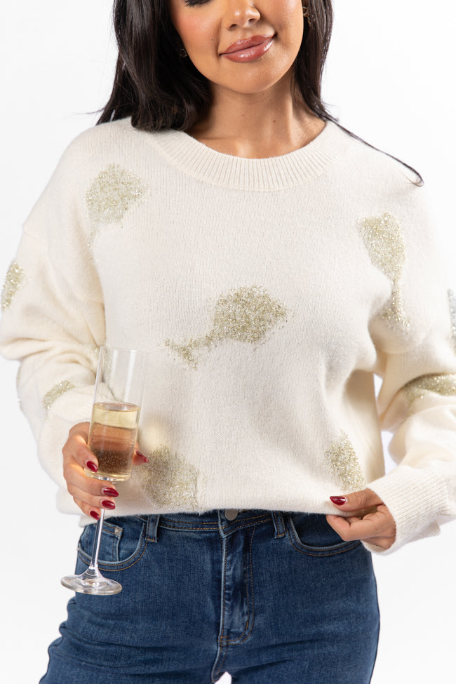 Pop The Bubbly Glitter Wine Glass Embroidered Cream Sweater - Coming Soon