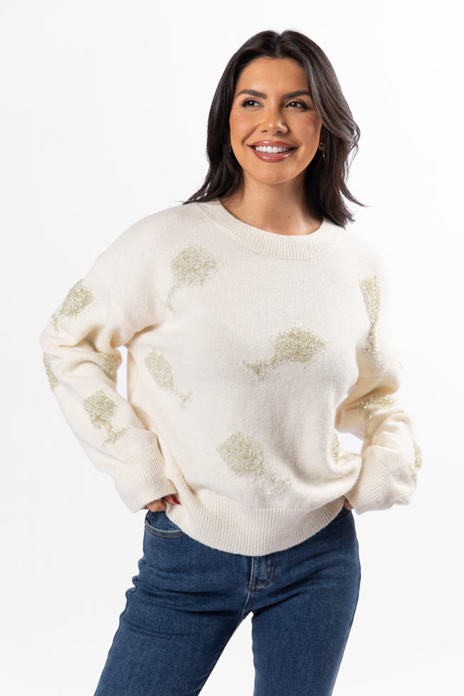 Pop The Bubbly Glitter Wine Glass Embroidered Cream Sweater - Coming Soon