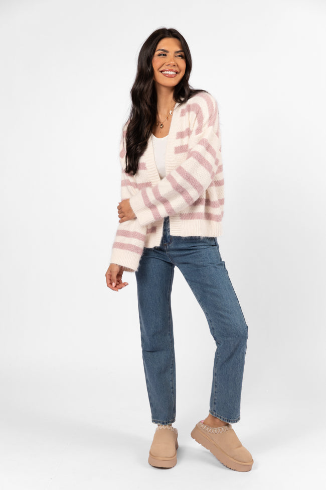 Made My Change Mauve and Cream Fuzzy Striped Cardigan