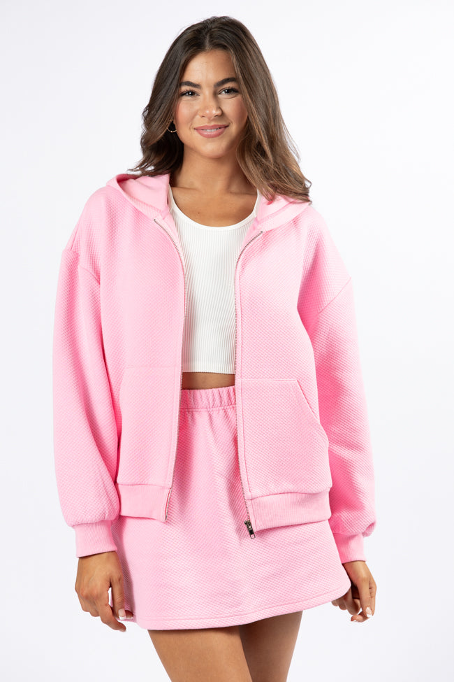 Have It My Way Pink Textured Knit Zip Up Hooded Sweatshirt