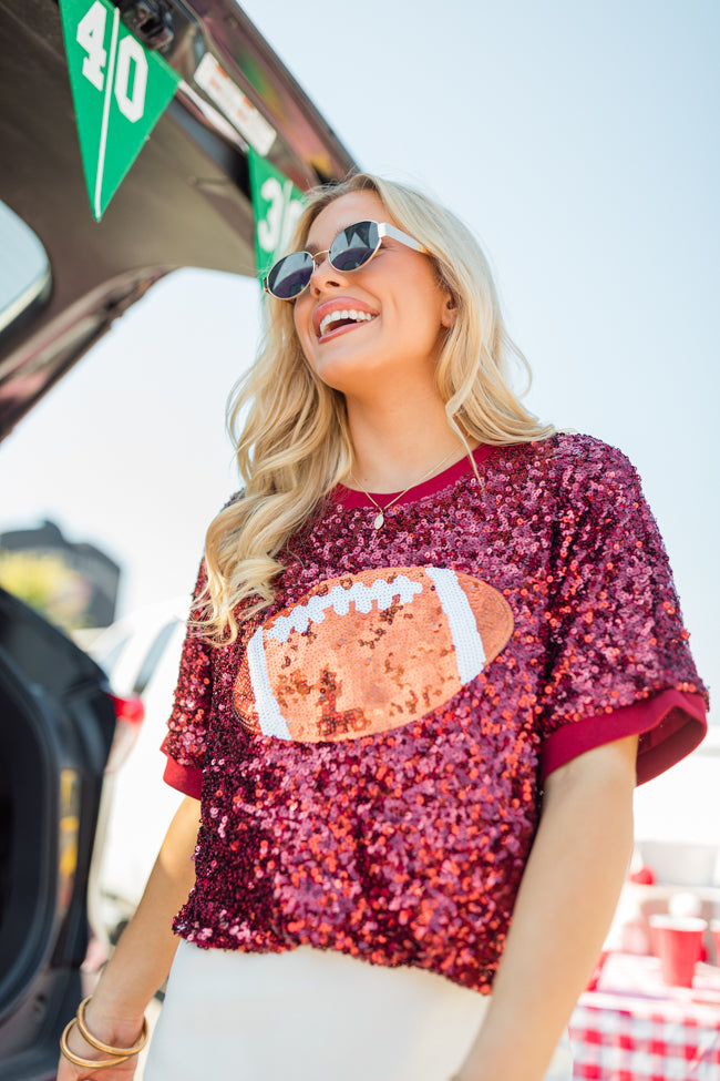 Go Long Burgundy Sequin Football Top